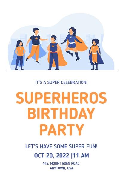 Kids superhero birthday invitation template with cartoon superheroes