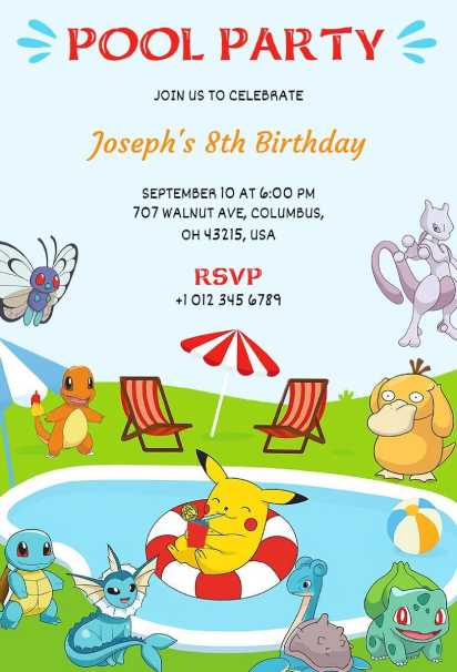 Summer pool-themed Pokemon birthday invitation template with Pikachu and friends