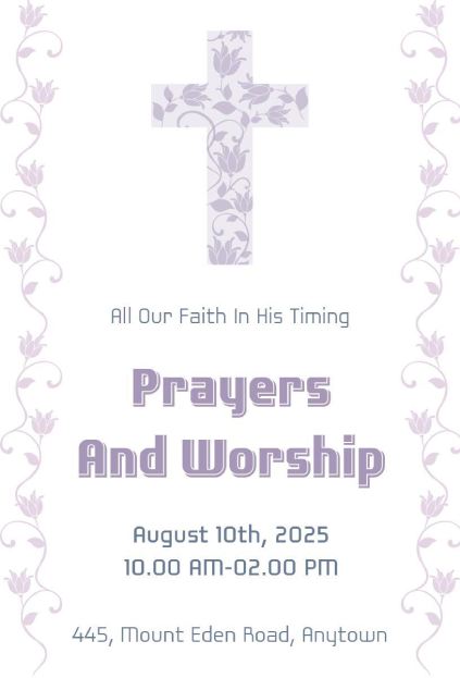 Prayers and Worship Service lavender floral scrollwork church invitation template