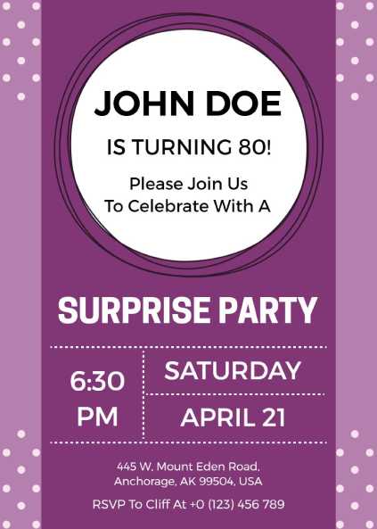 Purple dotted surprise party invitation template for an 80th birthday