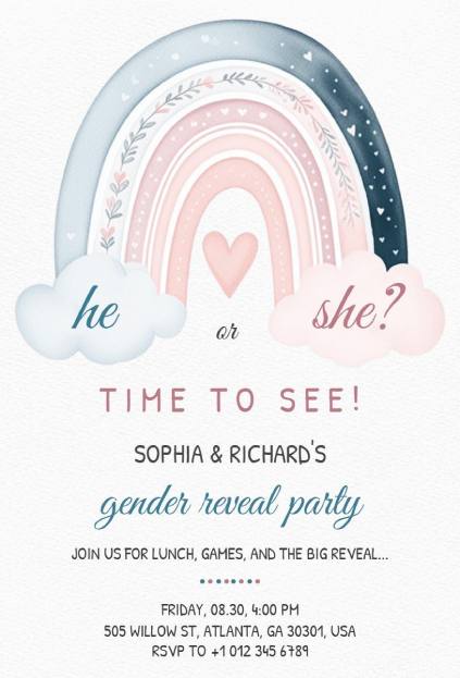 Pastel rainbow gender reveal invitation with heart and clouds