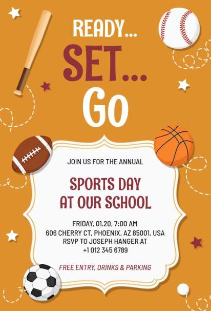 Ready set go sports day sports invitation template with multiple sport balls on orange background