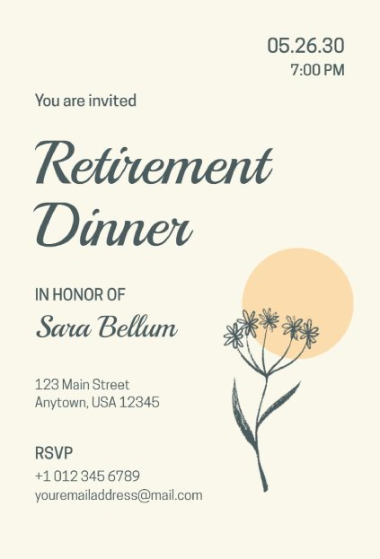 Retirement dinner formal invitation template with soft floral design