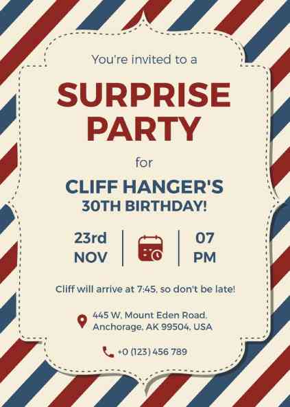 Retro striped surprise party invitation template with bold red, blue, and cream accents