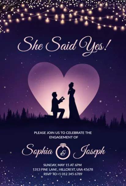 Romantic night sky engagement invitation template with glowing lights and silhouettes