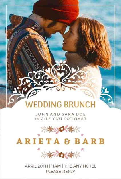 Romantic photo wedding brunch invitation template with couple photo and gold floral accents