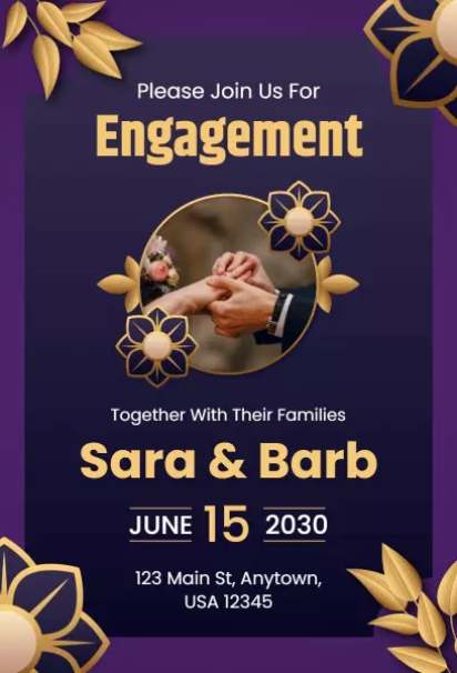 Luxurious royal purple and gold engagement invitation template for grand celebrations
