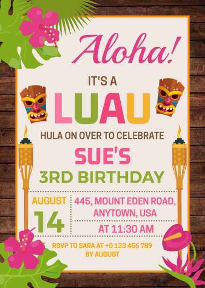 Colorful Luau Birthday invitation with tiki torches and flowers