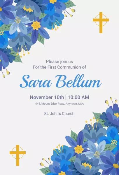 Sara Bellum First Communion vibrant blue floral church invitation template