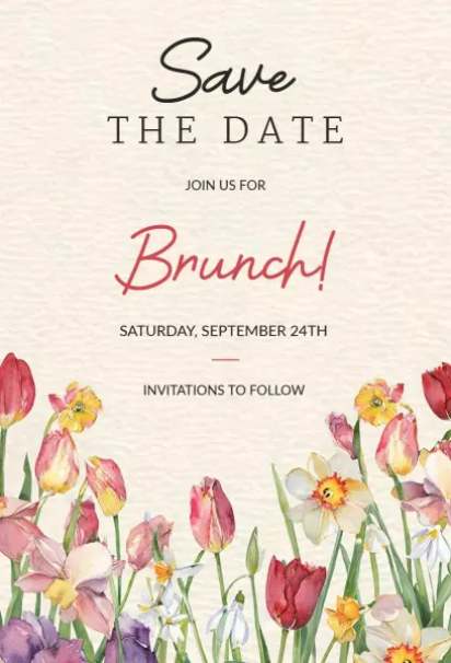 spring brunch invitation template with watercolor tulips for save-the-date