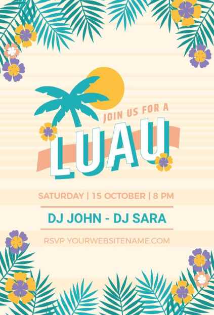Minimal Luau invitation with palm leaves and sunset design