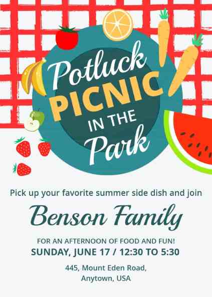 Colorful potluck picnic invitation template with fruits and veggies decorating the design