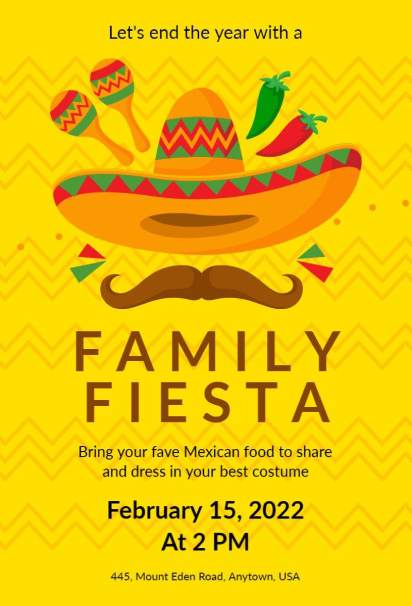 Bright yellow Family Fiesta invitation template with sombrero and maracas