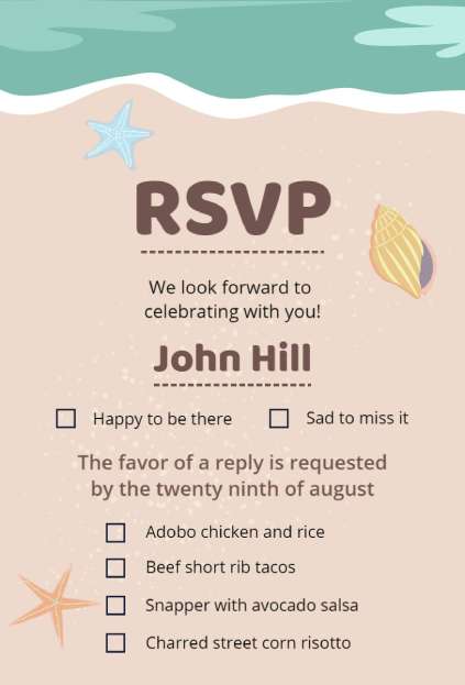 Seaside menu choice RSVP invitation template with seashell accents