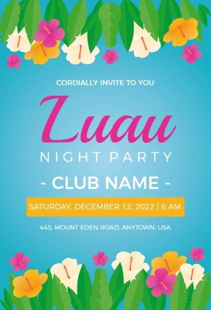 Bright floral Luau night party invitation with tropical leaves on a blue background