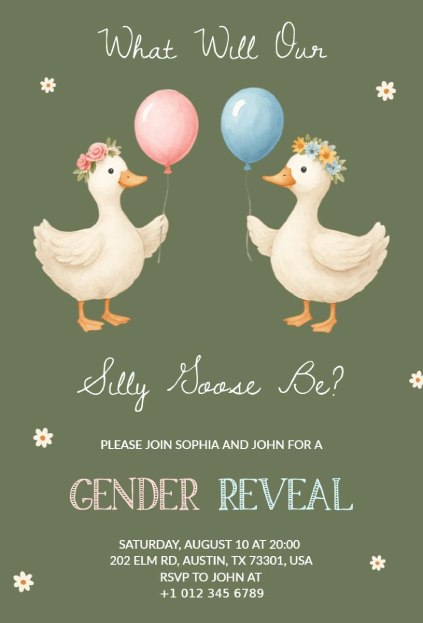 Playful duck couple with pink and blue balloons on a green gender reveal card