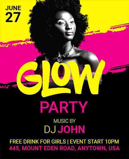 Neon yellow Glow Party invitation with bold text and dark background