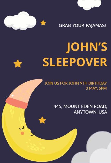 smiley moon sleepover invitation template with sleepy moon and pajamas
