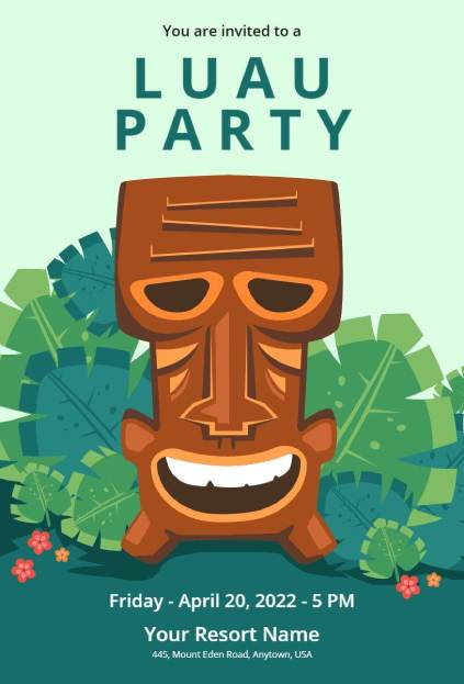 Minimalist luau party invitation featuring a tiki mask and tropical leaves