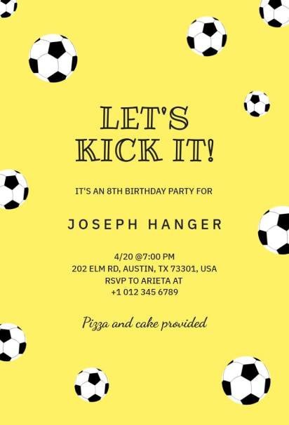 Soccer birthday sports invitation template with playful soccer balls on yellow background