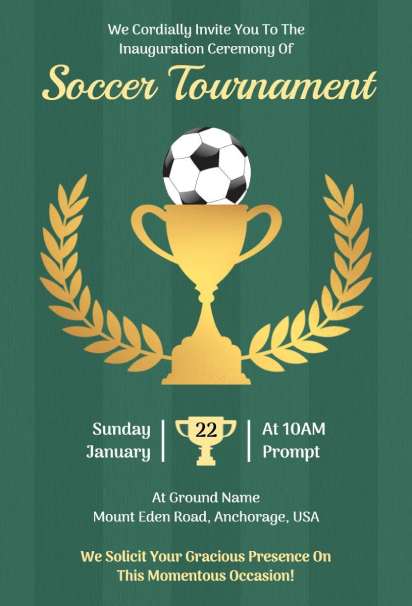 Soccer tournament sports invitation template with golden trophy on green background