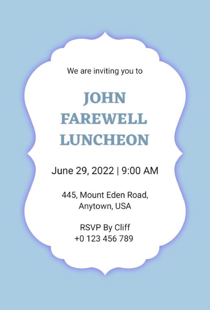 Soft blue farewell luncheon formal invitation template
