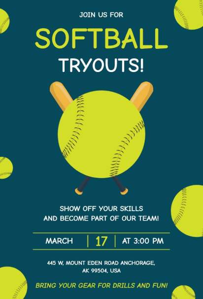 Softball tryouts sports invitation template with bats and balls on teal background