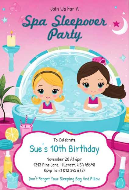 spa sleepover invitation template with girls, hot tub, face masks, and pastel accents