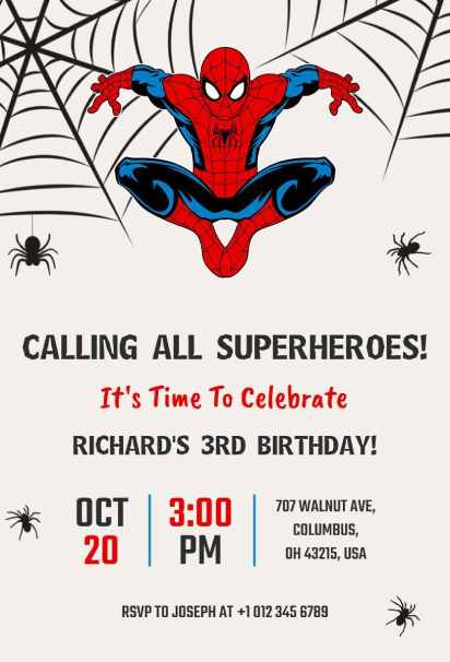 Spiderman-style superhero birthday invitation template with webs