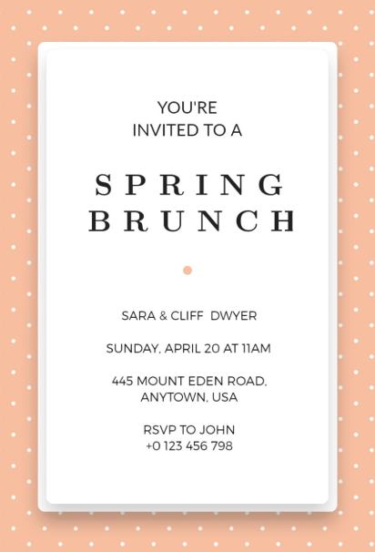 Spring brunch invitation template with peach polka dots and white card overlay