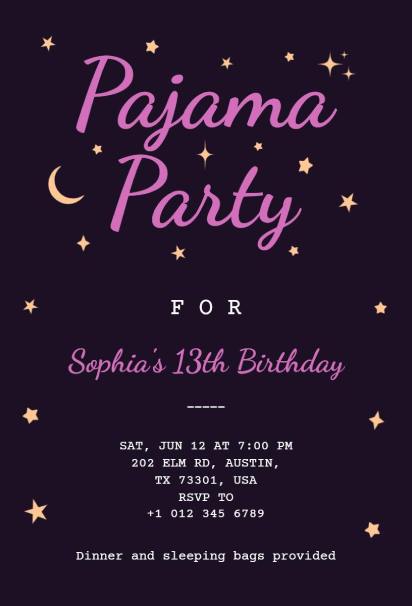 Elegant starry night pajama party invitation with pink typography on purple background