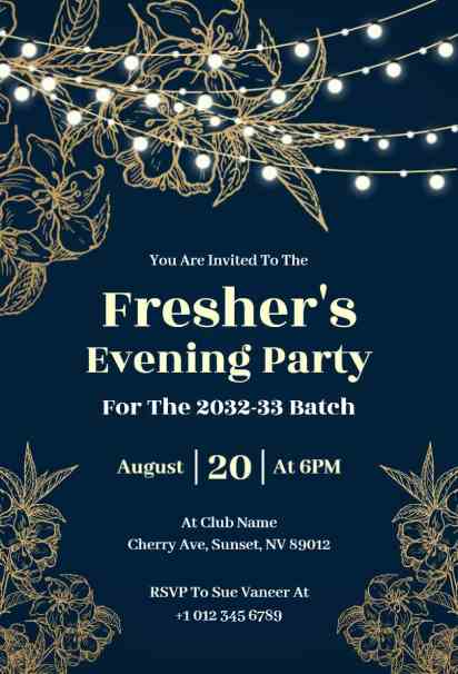 Floral navy fresher’s party invite accented with glowing string lights invitation