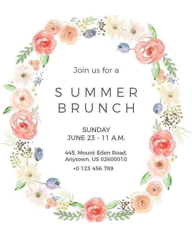 Summer brunch invitation template with pastel watercolor floral wreath