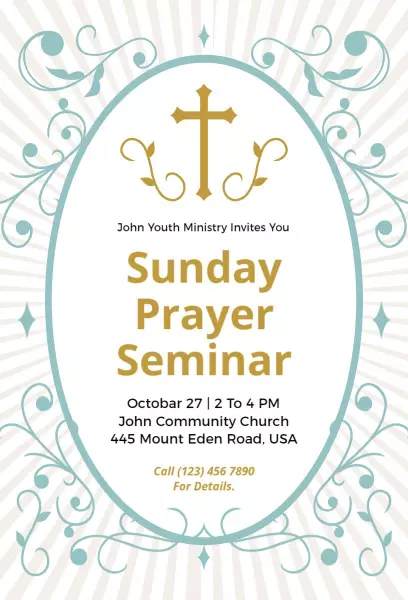 Sunday Prayer Seminar teal decorative gold cross church invitation template