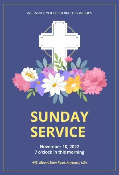 Sunday Service Floral colorful painted flowers church invitation template
