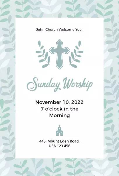 Sunday Worship Service Welcome mint botanical cross church invitation template
