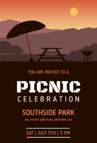 Sunset picnic invitation template showing a park scene with silhouettes and warm tones