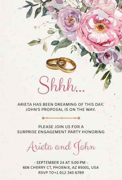Romantic floral surprise engagement party invitation template with gold rings