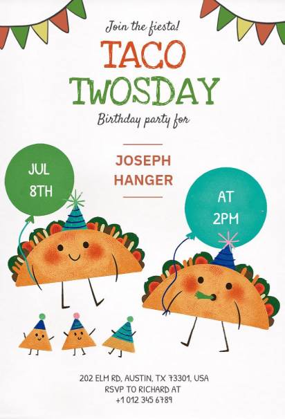 Cute taco-themed fiesta invitation template for a kids’ birthday celebration