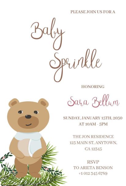 teddy bear baby sprinkle invitation template with cute forest theme and soft colors