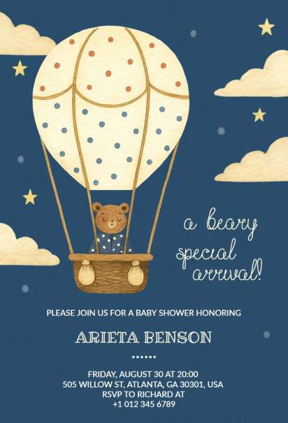 Cute teddy bear cloud invitation template with hot-air balloon