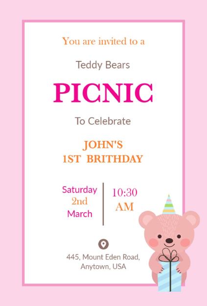 Teddy bears picnic birthday invitation template with a cute illustrated bear
