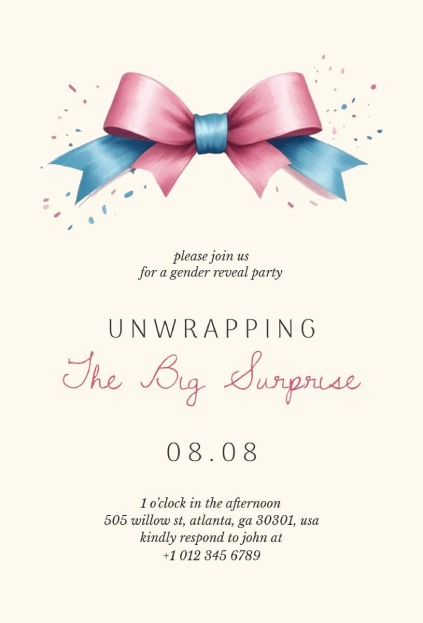 Elegant gender reveal invitation featuring a pink and blue bow design