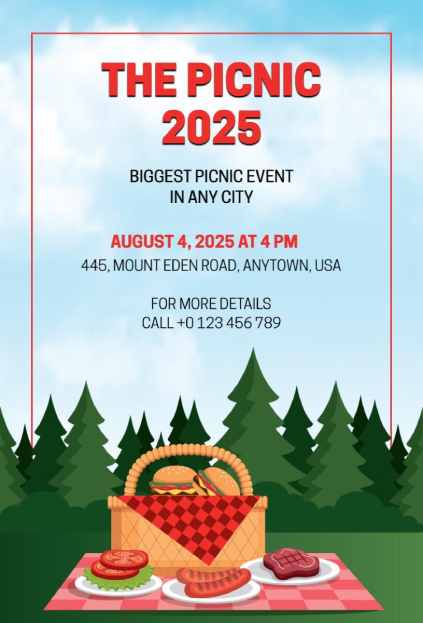 Event-style picnic invitation template with a basket and forest background