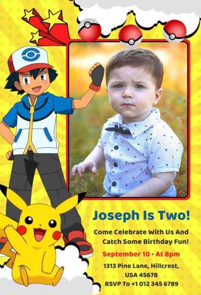 Action-packed Pokemon birthday invitation template with trainer and Pikachu