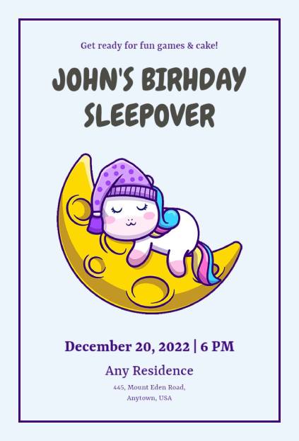 unicorn moon birthday sleepover invitation template with sleepy unicorn and pastel design