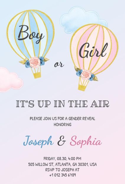 Whimsical hot air balloon-themed gender reveal invitation in pastel shades