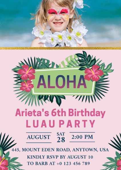 Cute pink Luau birthday invitation with floral accents and beach photo header