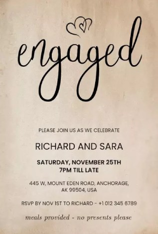 Vintage rustic engagement invitation template with handwritten-style fonts