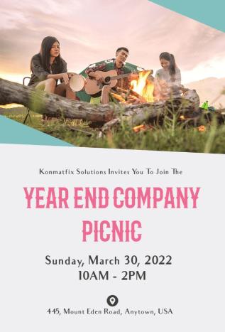 Warm campfire picnic invitation template featuring friends playing music outdoors